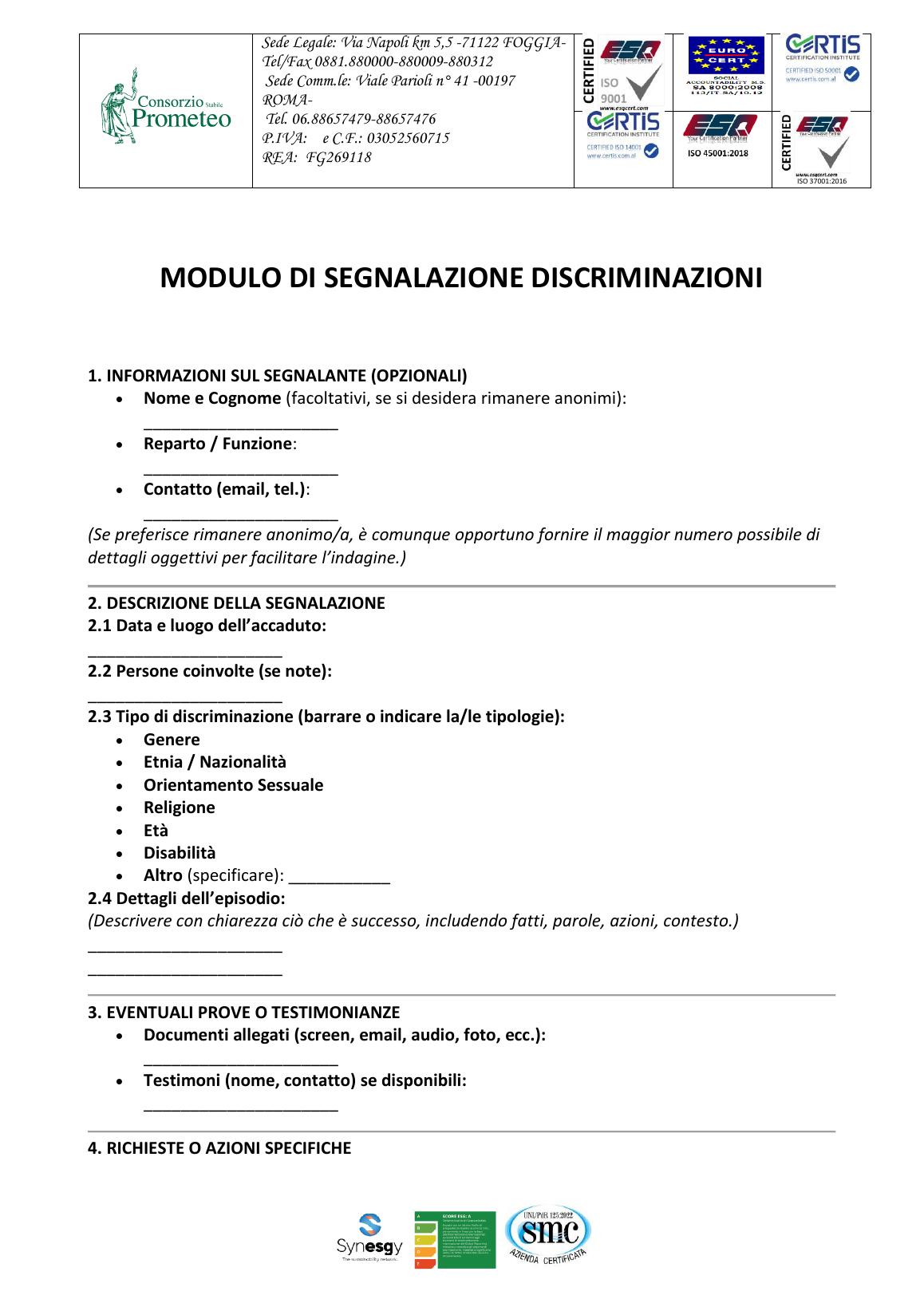 Modulo Segnalazione Discriminazioni — pagina 1